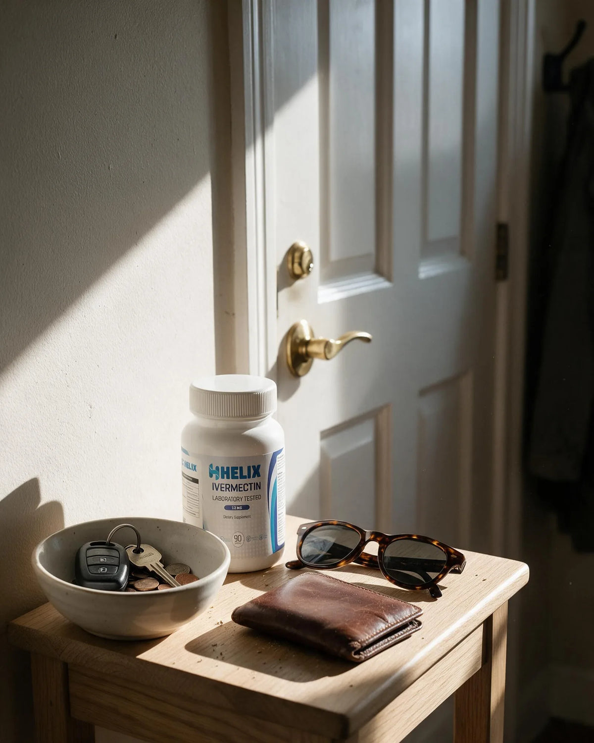 The bottle on an entry table beside a stoneware bowl holding car keys