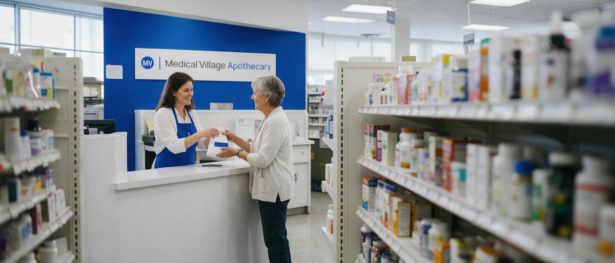 Supplement shelves behind a counter under the Medical Village Apothecary sign.
