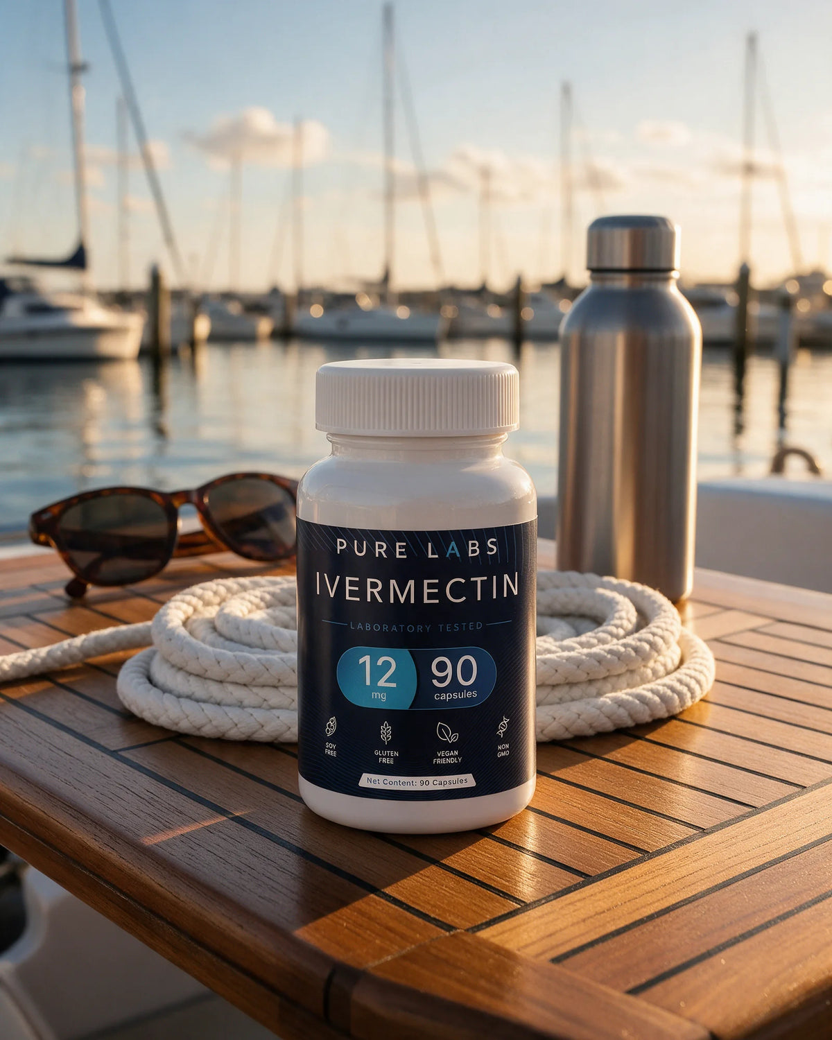The bottle on the teak table of a sailboat in a marina, beside a coiled rope and sunglasses