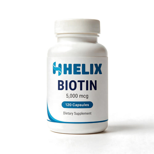 Biotin 5,000 mcg, 120 capsules, white supplement bottle with navy HELIX label on a white background