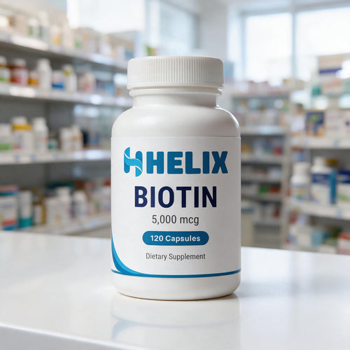 Biotin, white supplement bottle with navy HELIX label on a white pharmacy counter with store shelves in the background