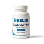Calcium + D3 600 mg + 800 IU, 120 tablets, white supplement bottle with navy HELIX label on a white background