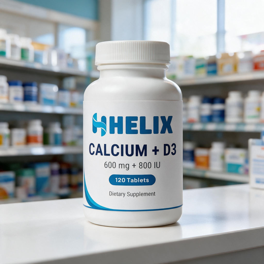 Calcium + D3, white supplement bottle with navy HELIX label on a white pharmacy counter with store shelves in the background