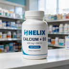 Calcium + D3, white supplement bottle with navy HELIX label on a white pharmacy counter with store shelves in the background
