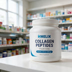 Collagen Peptides, white tub with navy HELIX label on a white pharmacy counter with store shelves in the background