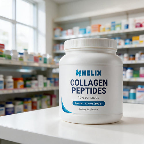 Collagen Peptides, white tub with navy HELIX label on a white pharmacy counter with store shelves in the background