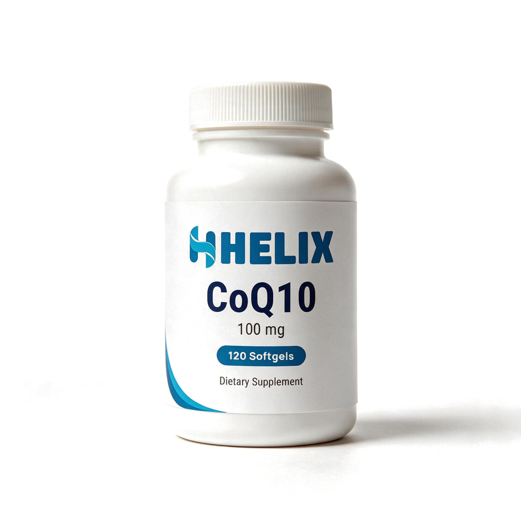 CoQ10 100 mg, 120 softgels, white supplement bottle with navy HELIX label on a white background