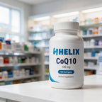 CoQ10, white supplement bottle with navy HELIX label on a white pharmacy counter with store shelves in the background