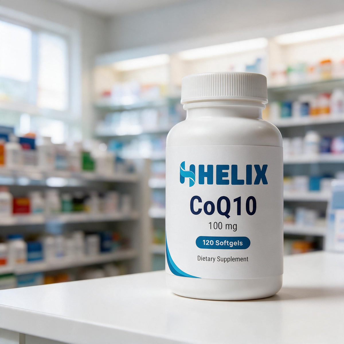 CoQ10, white supplement bottle with navy HELIX label on a white pharmacy counter with store shelves in the background