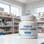 Elderberry Gummies, white wide-mouth jar with navy HELIX label on a white pharmacy counter with store shelves in the background