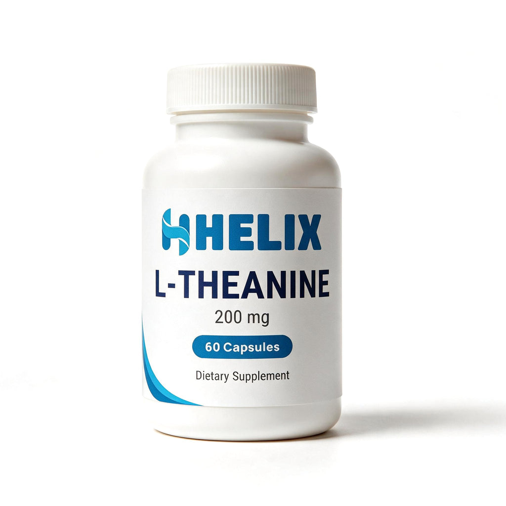 L-Theanine 200 mg, 60 capsules, white supplement bottle with navy HELIX label on a white background