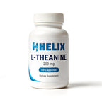L-Theanine 200 mg, 60 capsules, white supplement bottle with navy HELIX label on a white background