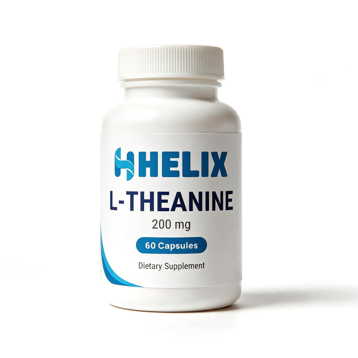 L-Theanine 200 mg, 60 capsules, white supplement bottle with navy HELIX label on a white background