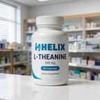 L-Theanine, white supplement bottle with navy HELIX label on a white pharmacy counter with store shelves in the background