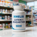 Lutein + Zeaxanthin, white supplement bottle with navy HELIX label on a white pharmacy counter with store shelves in the background