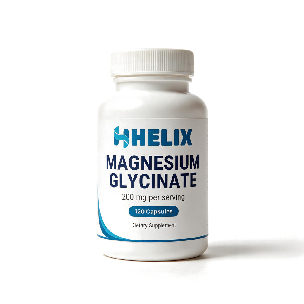 Magnesium Glycinate 200 mg per serving, 120 capsules, white supplement bottle with navy HELIX label on a white background