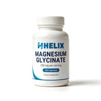 Magnesium Glycinate 200 mg per serving, 120 capsules, white supplement bottle with navy HELIX label on a white background