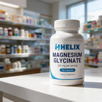 Magnesium Glycinate, white supplement bottle with navy HELIX label on a white pharmacy counter with store shelves in the background