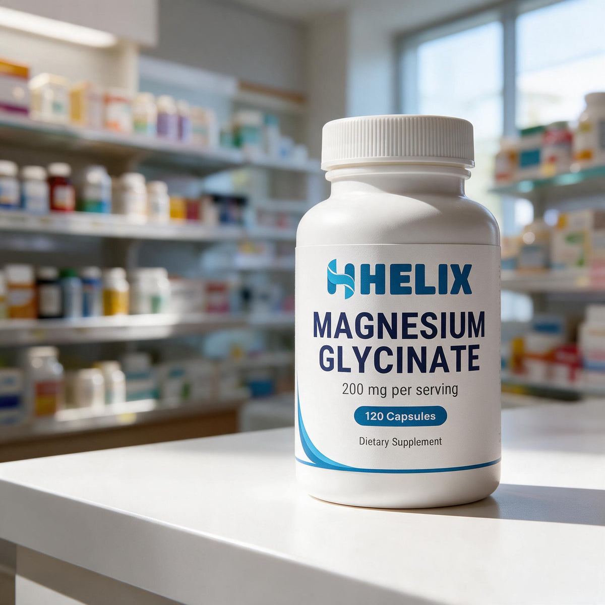 Magnesium Glycinate, white supplement bottle with navy HELIX label on a white pharmacy counter with store shelves in the background
