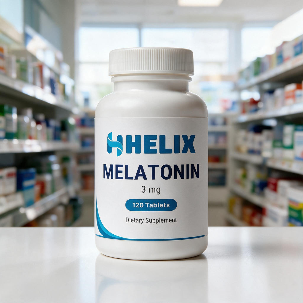 Melatonin, white supplement bottle with navy HELIX label on a white pharmacy counter with store shelves in the background