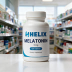 Melatonin, white supplement bottle with navy HELIX label on a white pharmacy counter with store shelves in the background