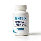 Omega-3 Fish Oil 1,000 mg EPA + DHA per serving, 120 softgels, white supplement bottle with navy HELIX label on a white background