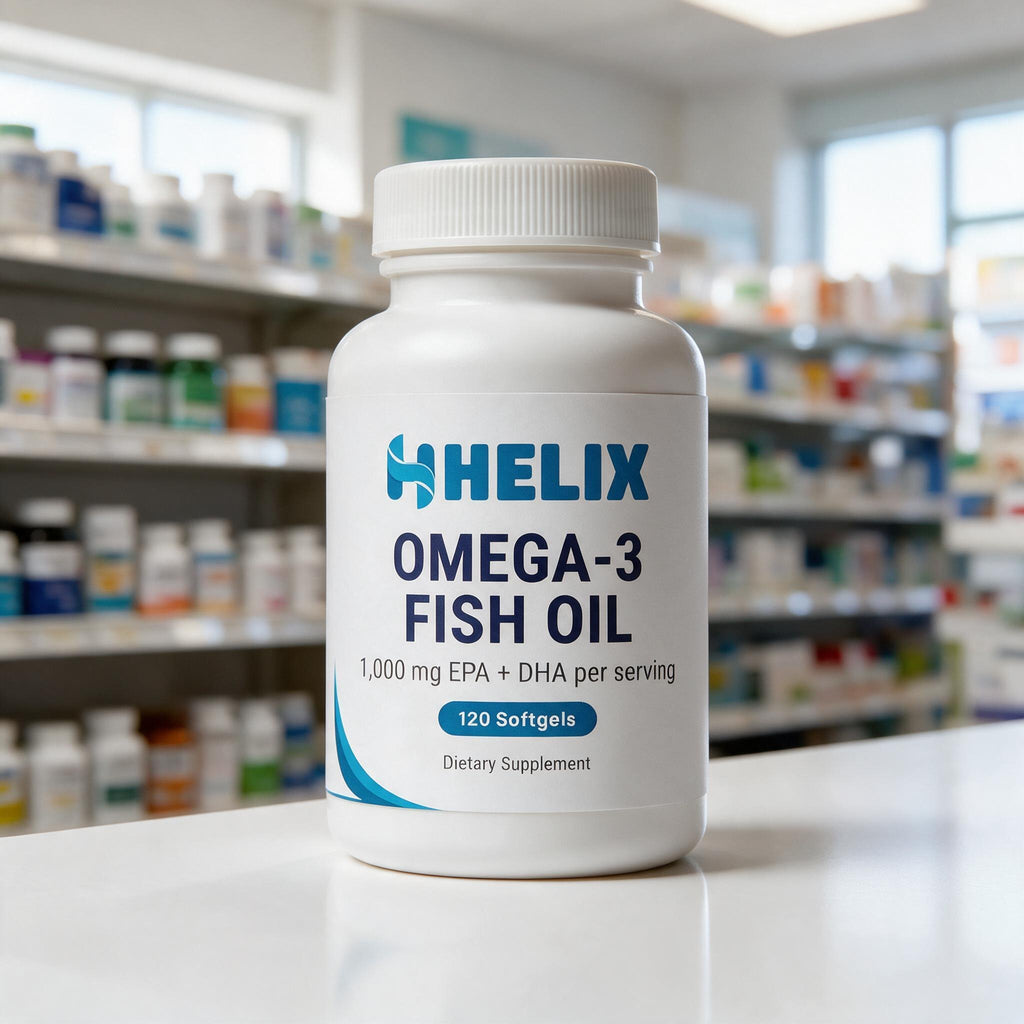 Omega-3 Fish Oil, white supplement bottle with navy HELIX label on a white pharmacy counter with store shelves in the background