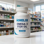 Omega-3 Fish Oil, white supplement bottle with navy HELIX label on a white pharmacy counter with store shelves in the background