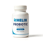 Probiotic 30 Billion CFU, 60 capsules, white supplement bottle with navy HELIX label on a white background
