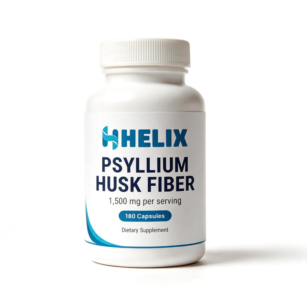 Psyllium Husk Fiber 1,500 mg per serving, 180 capsules, white supplement bottle with navy HELIX label on a white background
