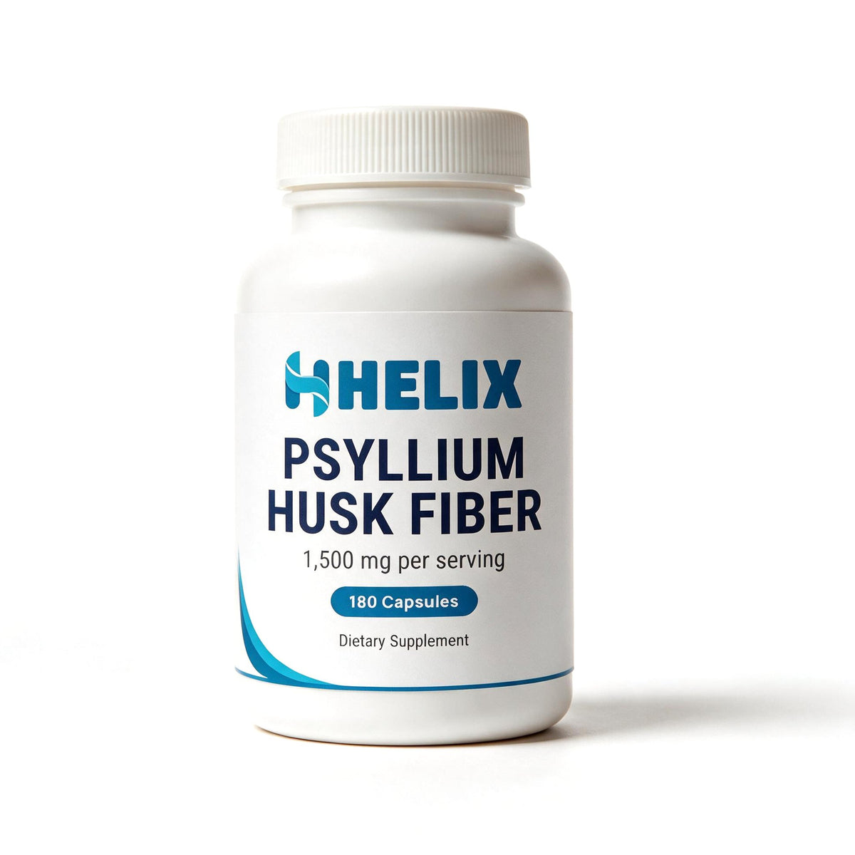 Psyllium Husk Fiber 1,500 mg per serving, 180 capsules, white supplement bottle with navy HELIX label on a white background