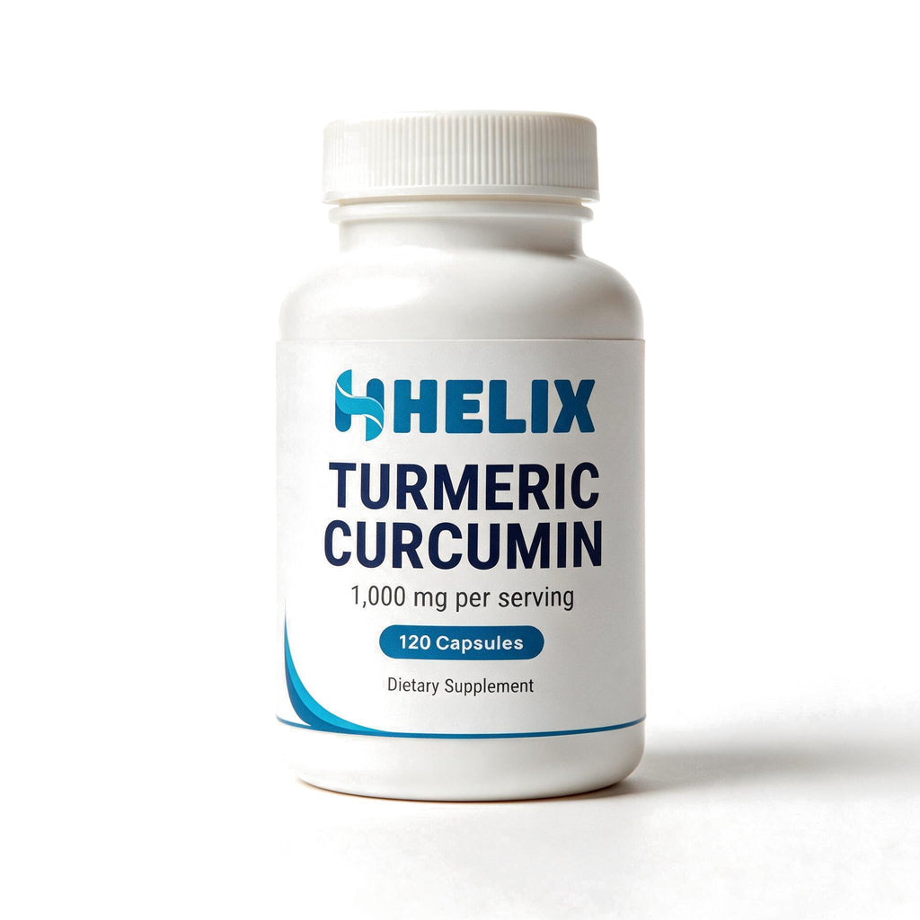 Turmeric Curcumin 1,000 mg per serving, 120 capsules, white supplement bottle with navy HELIX label on a white background