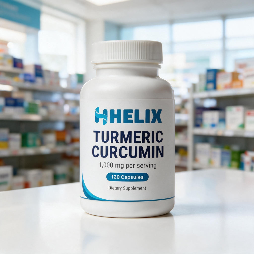Turmeric Curcumin, white supplement bottle with navy HELIX label on a white pharmacy counter with store shelves in the background