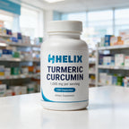 Turmeric Curcumin, white supplement bottle with navy HELIX label on a white pharmacy counter with store shelves in the background