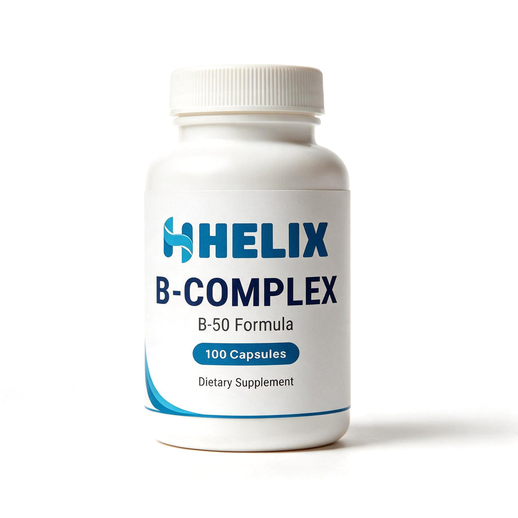 B-Complex B-50 Formula, 100 capsules, white supplement bottle with navy HELIX label on a white background