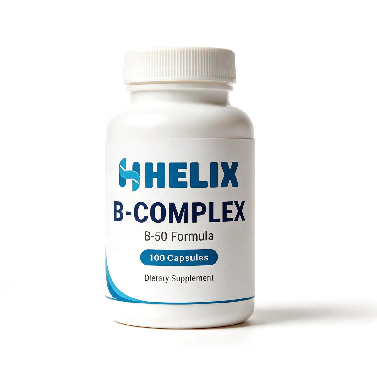 B-Complex B-50 Formula, 100 capsules, white supplement bottle with navy HELIX label on a white background