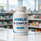 B-Complex, white supplement bottle with navy HELIX label on a white pharmacy counter with store shelves in the background