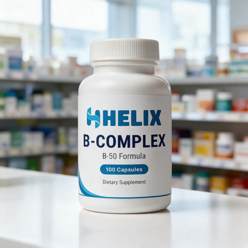 B-Complex, white supplement bottle with navy HELIX label on a white pharmacy counter with store shelves in the background