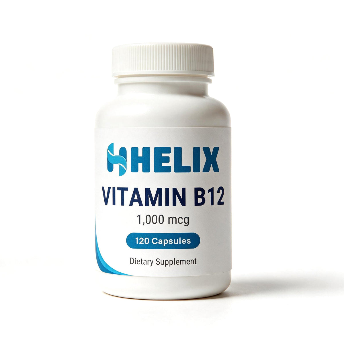 Vitamin B12 1,000 mcg, 120 capsules, white supplement bottle with navy HELIX label on a white background