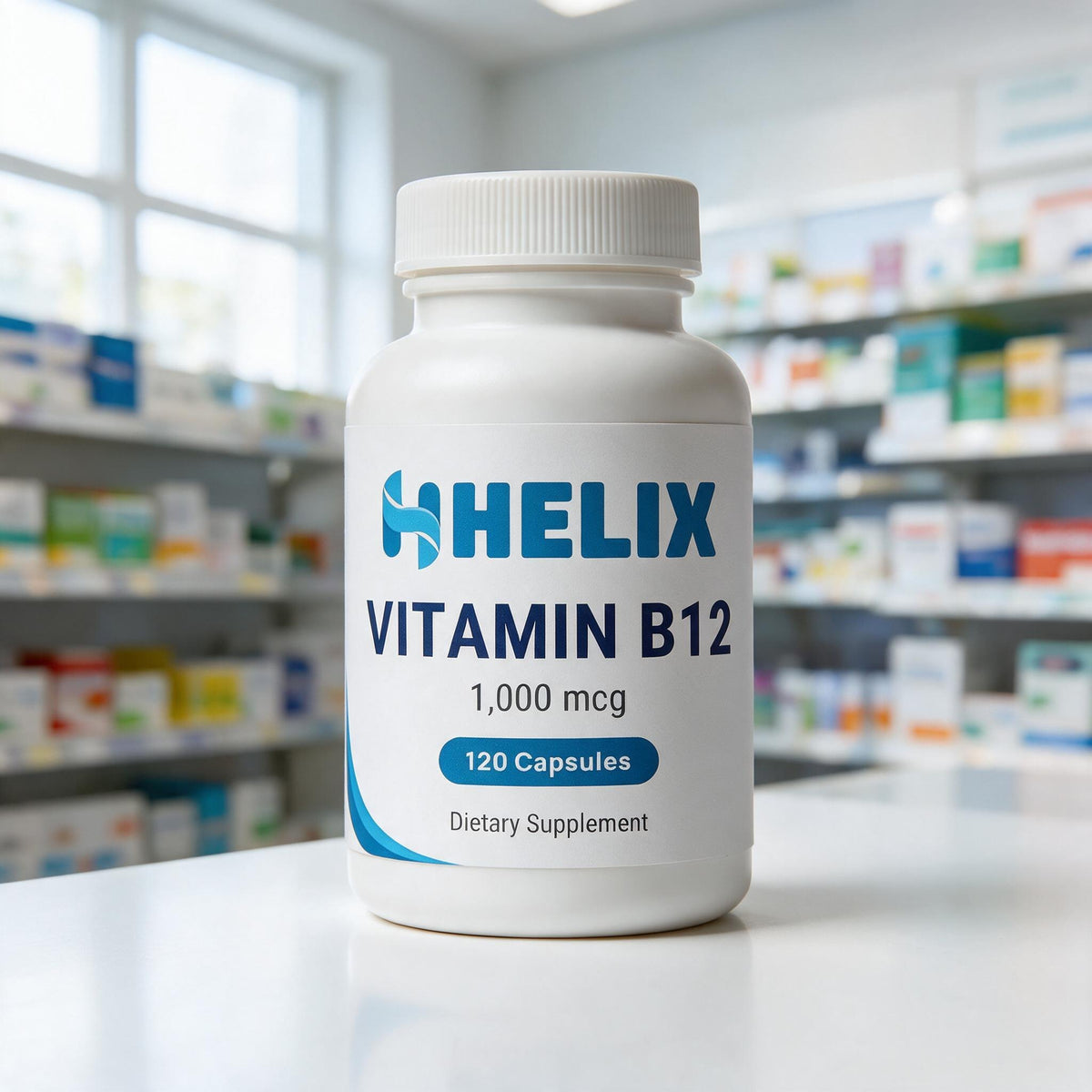 Vitamin B12, white supplement bottle with navy HELIX label on a white pharmacy counter with store shelves in the background