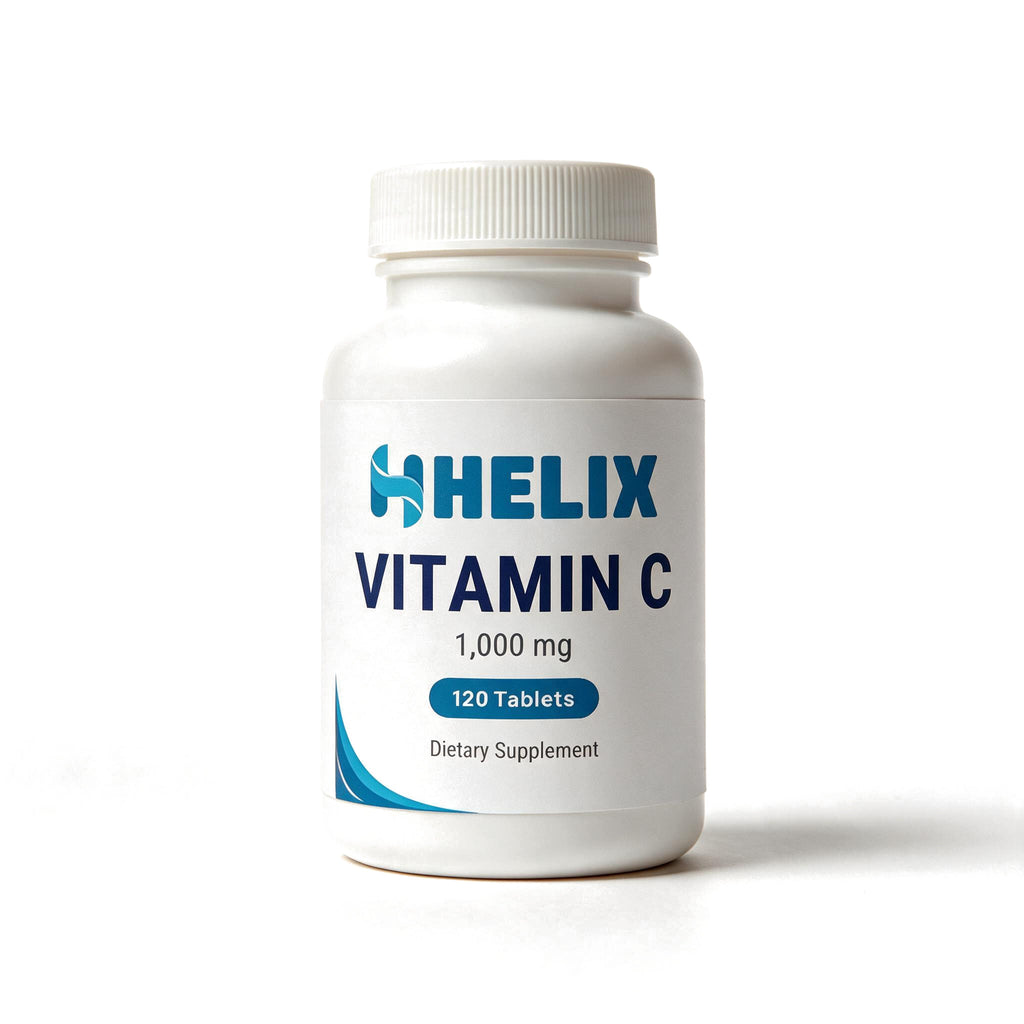 Vitamin C 1,000 mg, 120 tablets, white supplement bottle with navy HELIX label on a white background