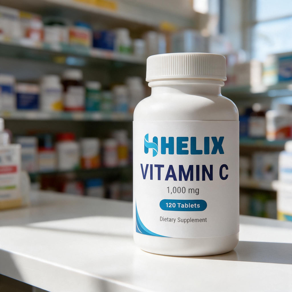 Vitamin C, white supplement bottle with navy HELIX label on a white pharmacy counter with store shelves in the background