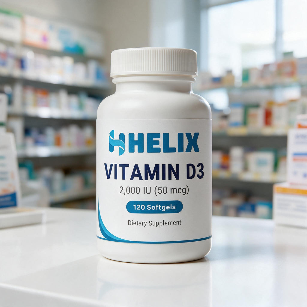 Vitamin D3, white supplement bottle with navy HELIX label on a white pharmacy counter with store shelves in the background