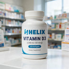 Vitamin D3, white supplement bottle with navy HELIX label on a white pharmacy counter with store shelves in the background