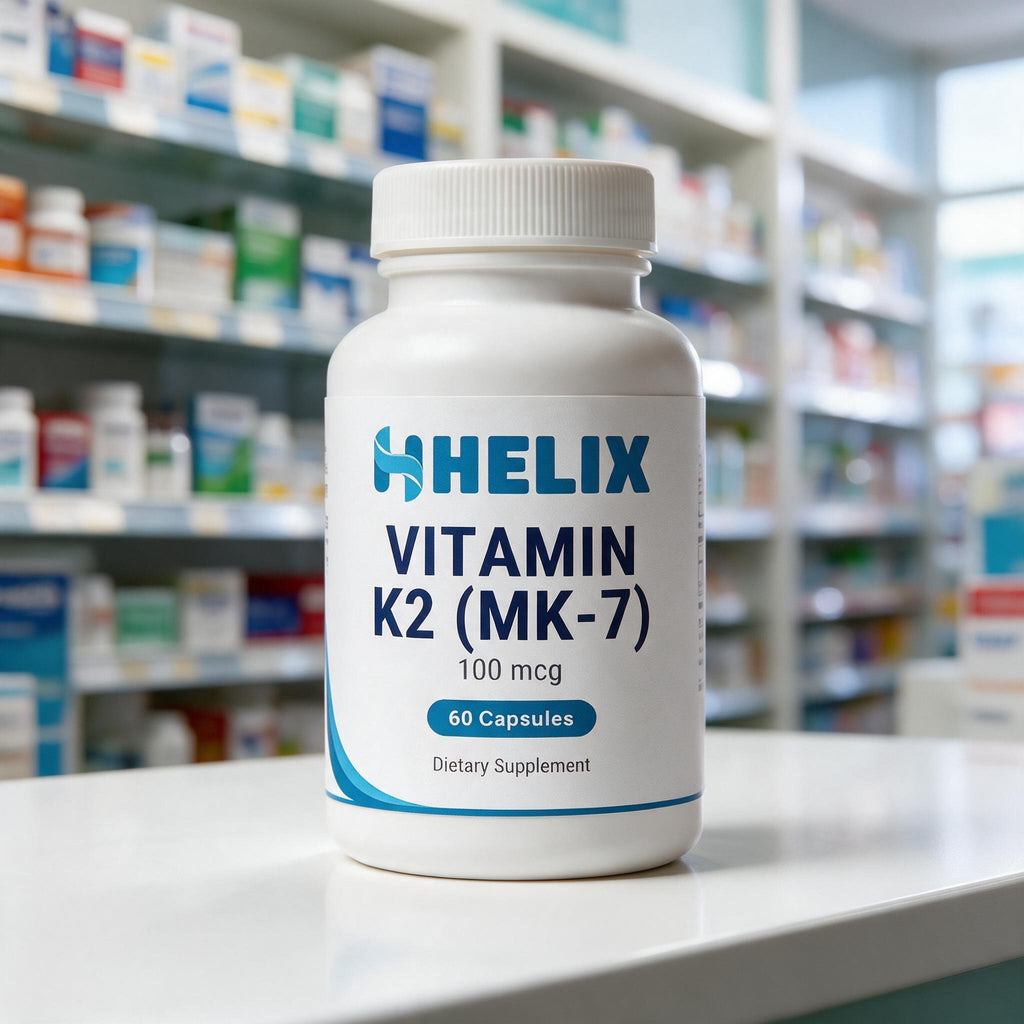 Vitamin K2 (MK-7), white supplement bottle with navy HELIX label on a white pharmacy counter with store shelves in the background