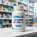 Vitamin K2 (MK-7), white supplement bottle with navy HELIX label on a white pharmacy counter with store shelves in the background