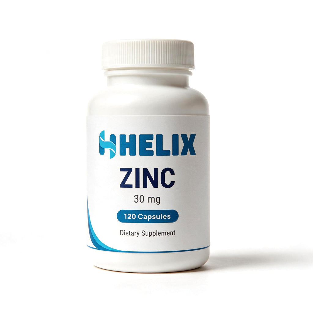 Zinc 30 mg, 120 capsules, white supplement bottle with navy HELIX label on a white background