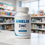 Zinc, white supplement bottle with navy HELIX label on a white pharmacy counter with store shelves in the background