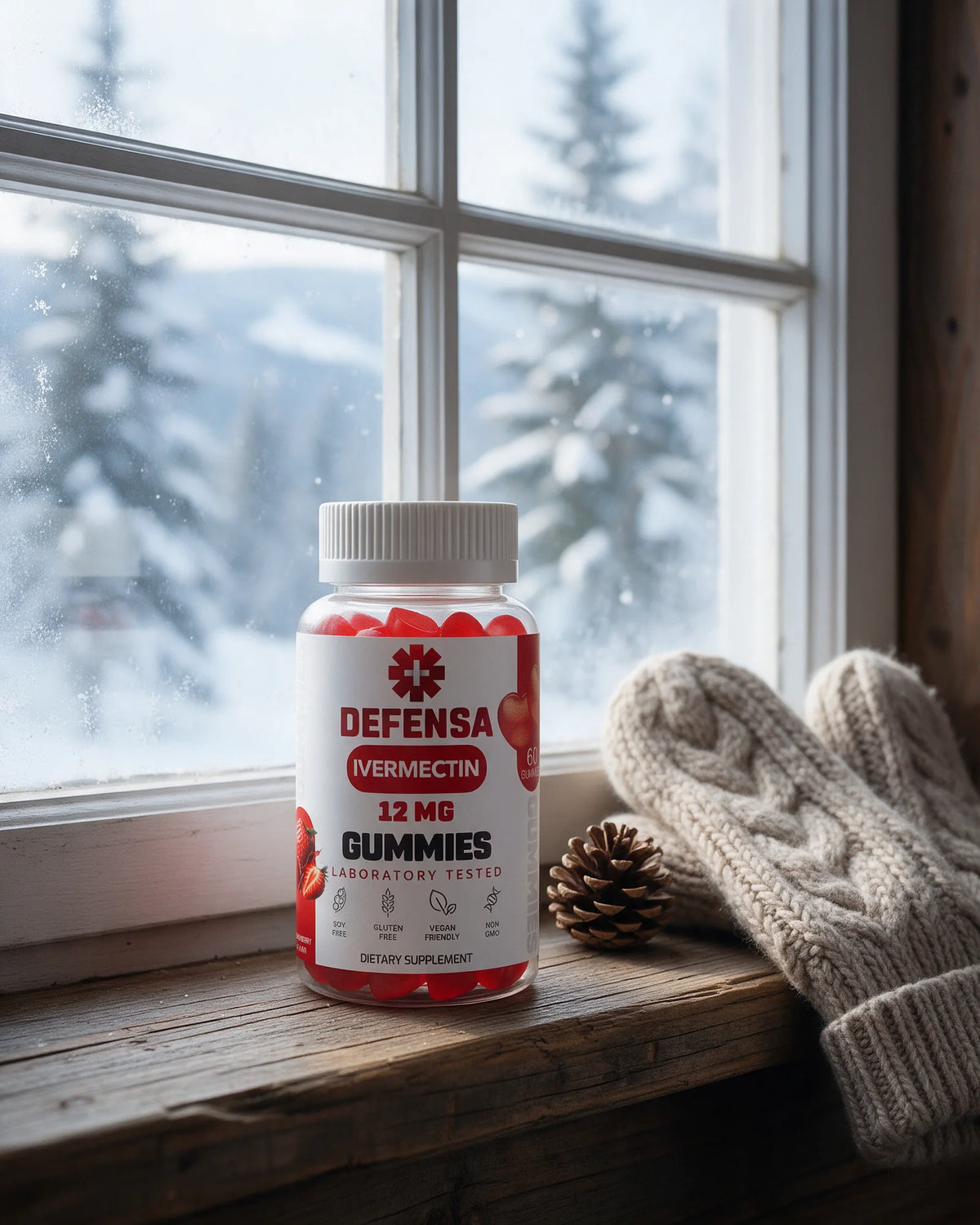The jar on a wooden window ledge in a snowy cabin, beside knitted mittens and a pinecone