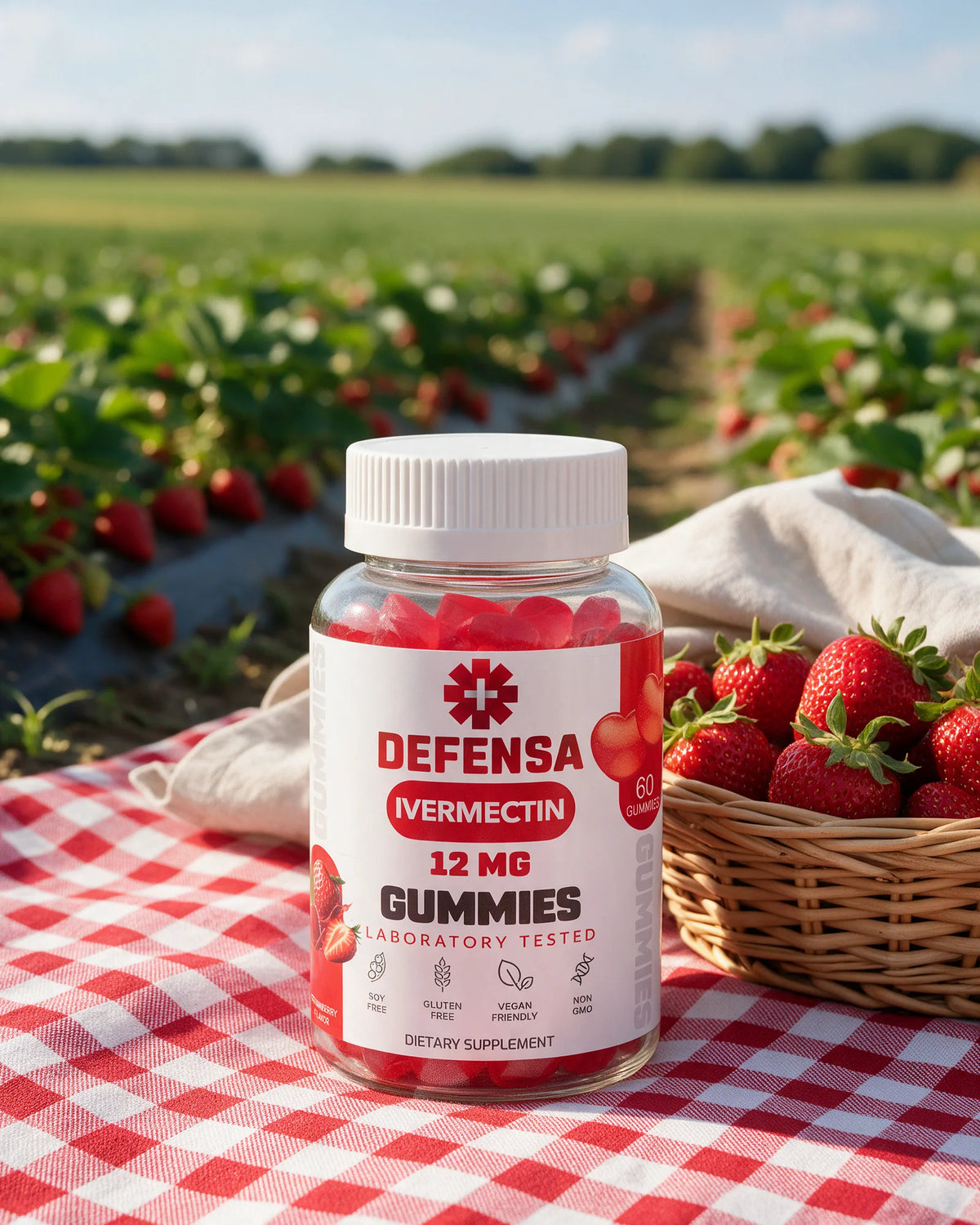 The jar on a gingham picnic blanket at a strawberry farm, beside a basket of strawberries